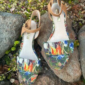 Louise et Cie Floral Wedge Heels | Gold Heel Leather Ankle Strap Sandals Size 6